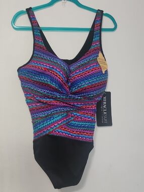 Miraclesuit Black with Multicolor Striped Ruched One-Piece Swimsuit